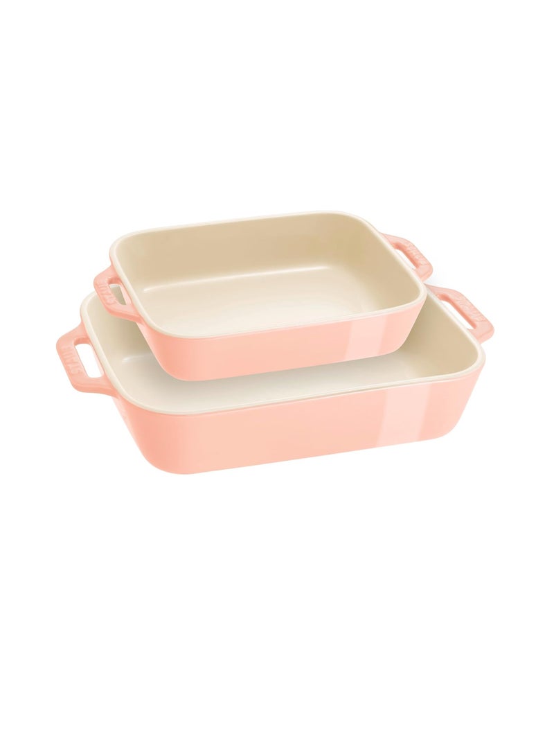 STAUB Stoneware Gratins Ceramic 2-pc Rectangular Baking Dish Set-Macaron Pastel Pink - Image 1