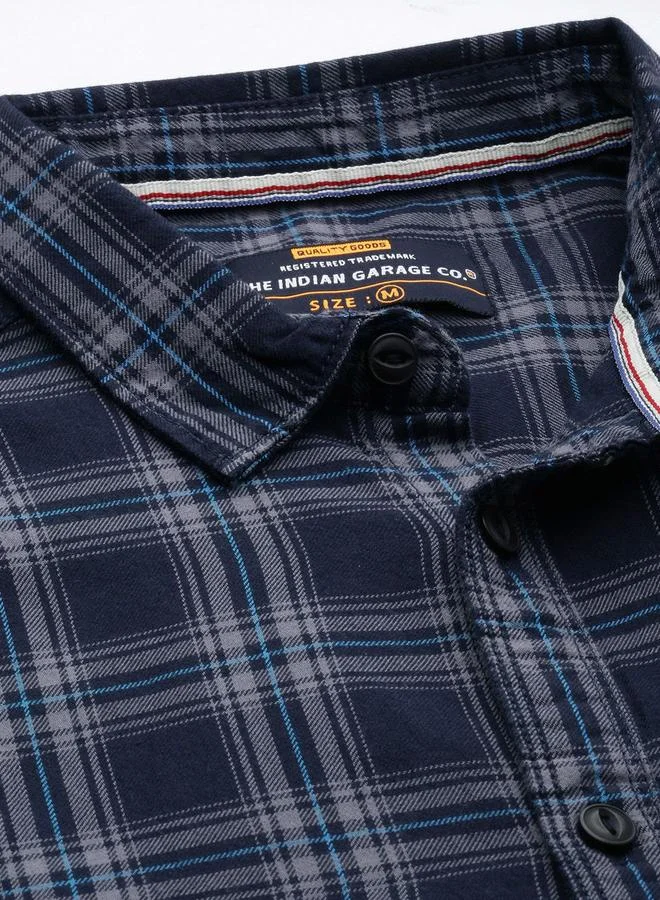 The Indian Garage Co Navy Blue Checked Slim Fit Shirt