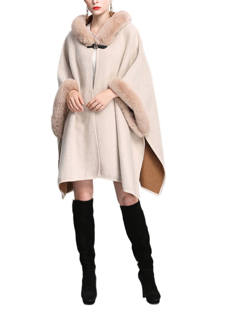 Gihuo Women's Luxury Batwing Sleeve Faux Fur Trim Hooded Cloak Poncho Winter Warm Wool Cape Cardigan Coat (One Size, Beige) - Image 1