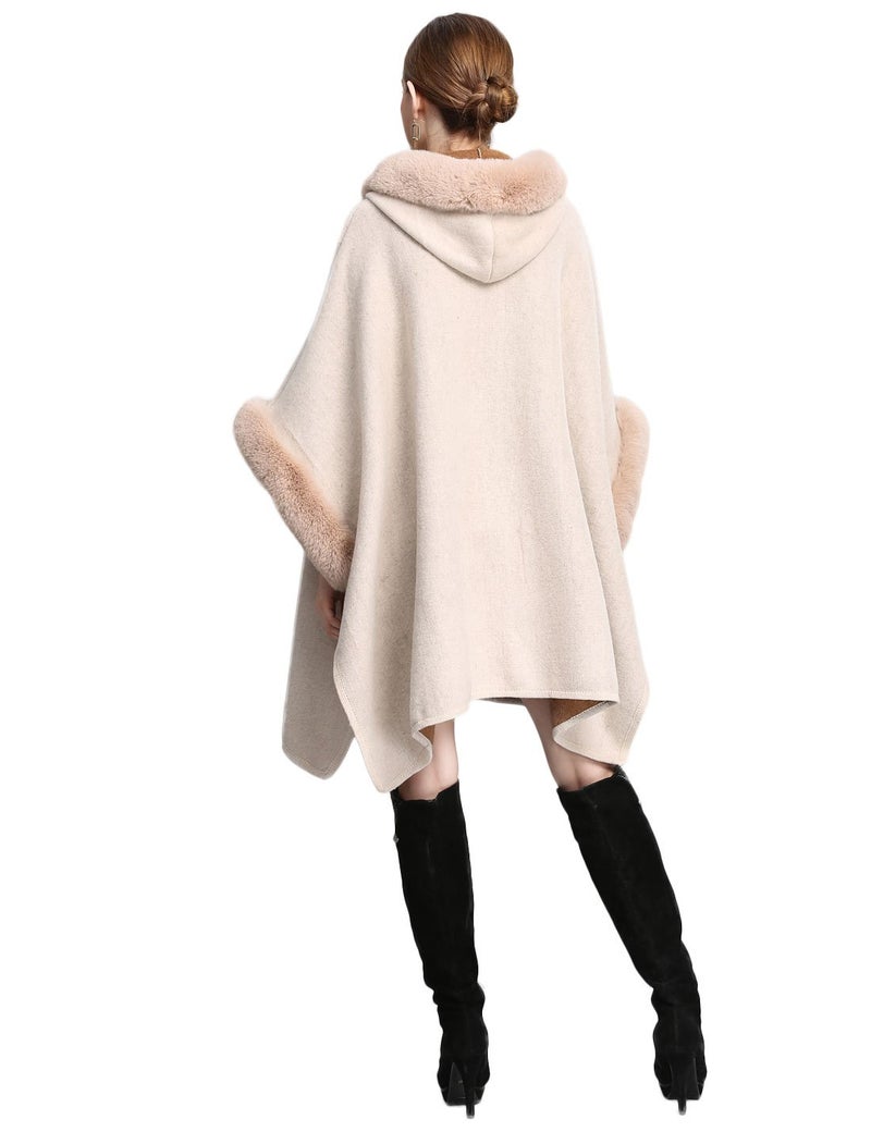 Gihuo Women's Luxury Batwing Sleeve Faux Fur Trim Hooded Cloak Poncho Winter Warm Wool Cape Cardigan Coat (One Size, Beige) - Image 4