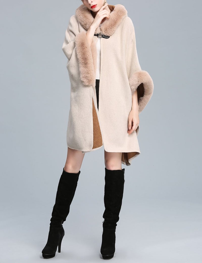 Gihuo Women's Luxury Batwing Sleeve Faux Fur Trim Hooded Cloak Poncho Winter Warm Wool Cape Cardigan Coat (One Size, Beige) - Image 5