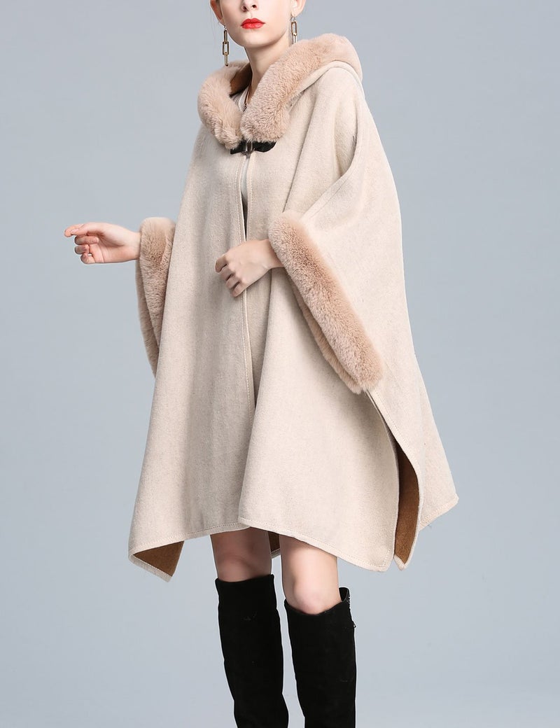 Gihuo Women's Luxury Batwing Sleeve Faux Fur Trim Hooded Cloak Poncho Winter Warm Wool Cape Cardigan Coat (One Size, Beige) - Image 3