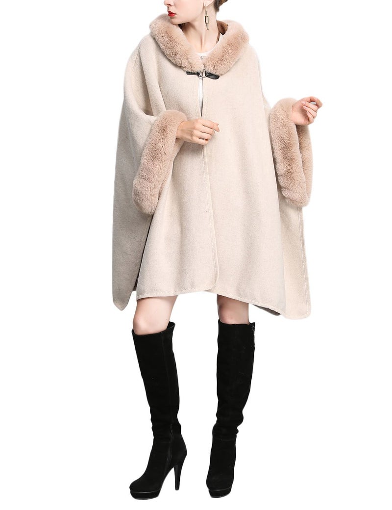 Gihuo Women's Luxury Batwing Sleeve Faux Fur Trim Hooded Cloak Poncho Winter Warm Wool Cape Cardigan Coat (One Size, Beige) - Image 2