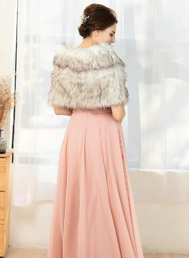 GORAIS Women's Wedding Faux Fur Shawls and Wraps Bridal Fur Scarf Stoles with Brooch for Bride and Bridesmaids (US 4-14(S-M), G Brown and White) - Image 2