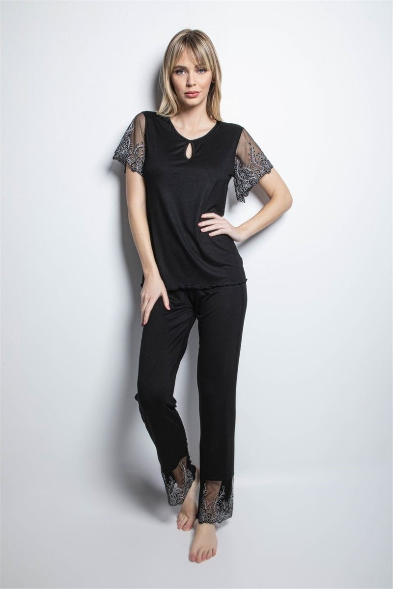 Monamise 19193 Women's Black Short Sleeve Pajama Set  - Image 2