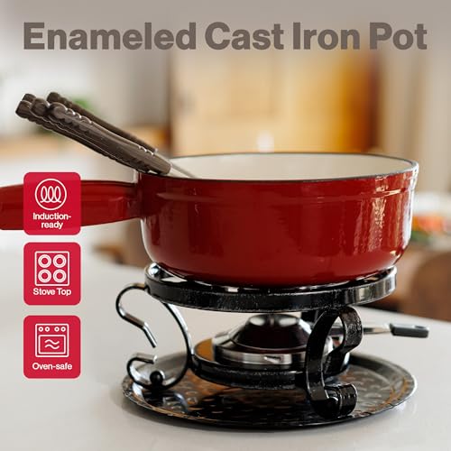 Swissmar Lugano Cast Iron Cheese Fondue Set, 9-Piece, 2 QT / 2 L - Ideal for Melting Cheese, Chocolates, Caramel, & More - Perfect for Kitchen Collection & Gift Giving - Cherry Red - Image 2