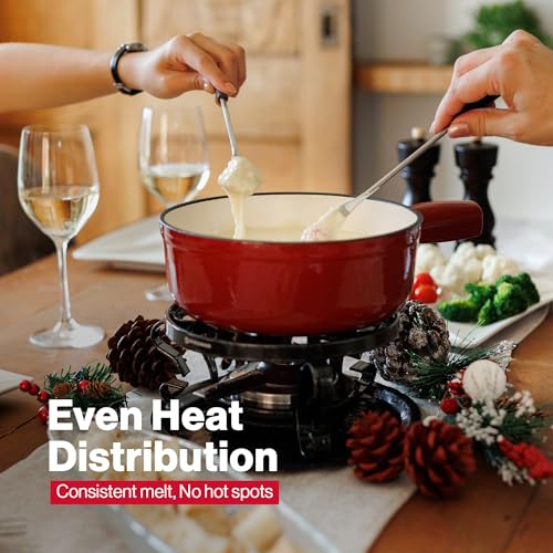 Swissmar Lugano Cast Iron Cheese Fondue Set, 9-Piece, 2 QT / 2 L - Ideal for Melting Cheese, Chocolates, Caramel, & More - Perfect for Kitchen Collection & Gift Giving - Cherry Red - Image 4