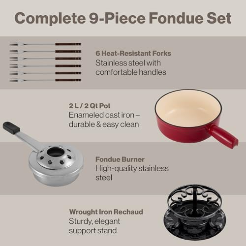 Swissmar Lugano Cast Iron Cheese Fondue Set, 9-Piece, 2 QT / 2 L - Ideal for Melting Cheese, Chocolates, Caramel, & More - Perfect for Kitchen Collection & Gift Giving - Cherry Red - Image 5