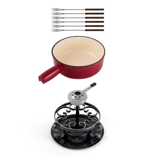 Swissmar Lugano Cast Iron Cheese Fondue Set, 9-Piece, 2 QT / 2 L - Ideal for Melting Cheese, Chocolates, Caramel, & More - Perfect for Kitchen Collection & Gift Giving - Cherry Red - Image 1
