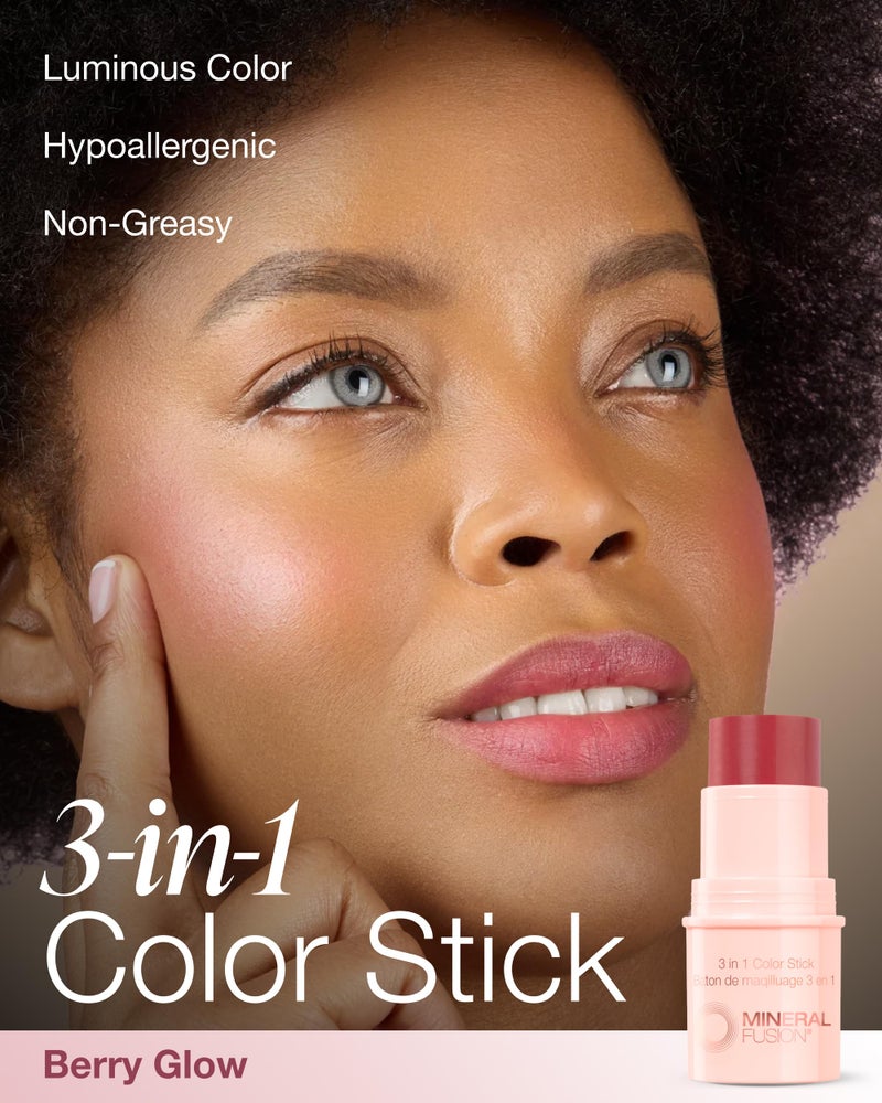 Mineral Fusion 3-in-1 Color Stick - Hydrating Tinted Cream Blush for Cheeks, Lip and Eye - Natural Multi Use Makeup (Berry Glow) - Image 2