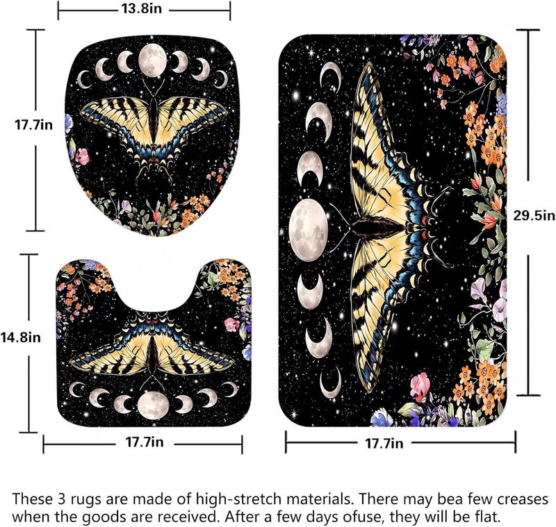 Pretyw 4 Pcs Black Butterfly Moon Shower Curtain Set Vintage Aesthetic Gothic Bathroom Set with Floral Plants Bathroom Set with Hook Toilet Lid Cover and Bath Mat - Image 4