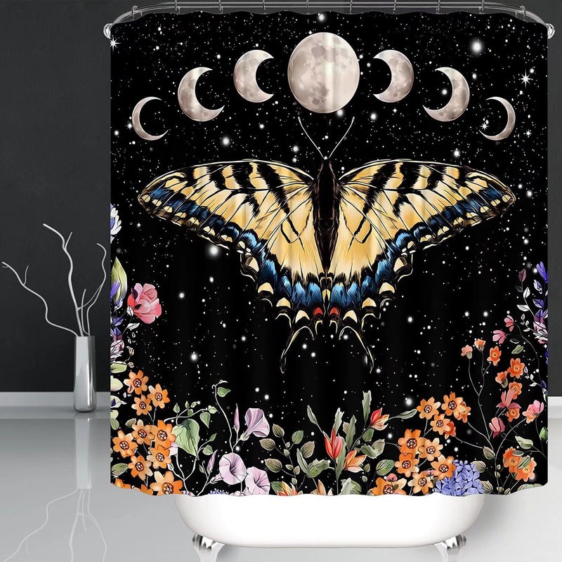 Pretyw 4 Pcs Black Butterfly Moon Shower Curtain Set Vintage Aesthetic Gothic Bathroom Set with Floral Plants Bathroom Set with Hook Toilet Lid Cover and Bath Mat - Image 3