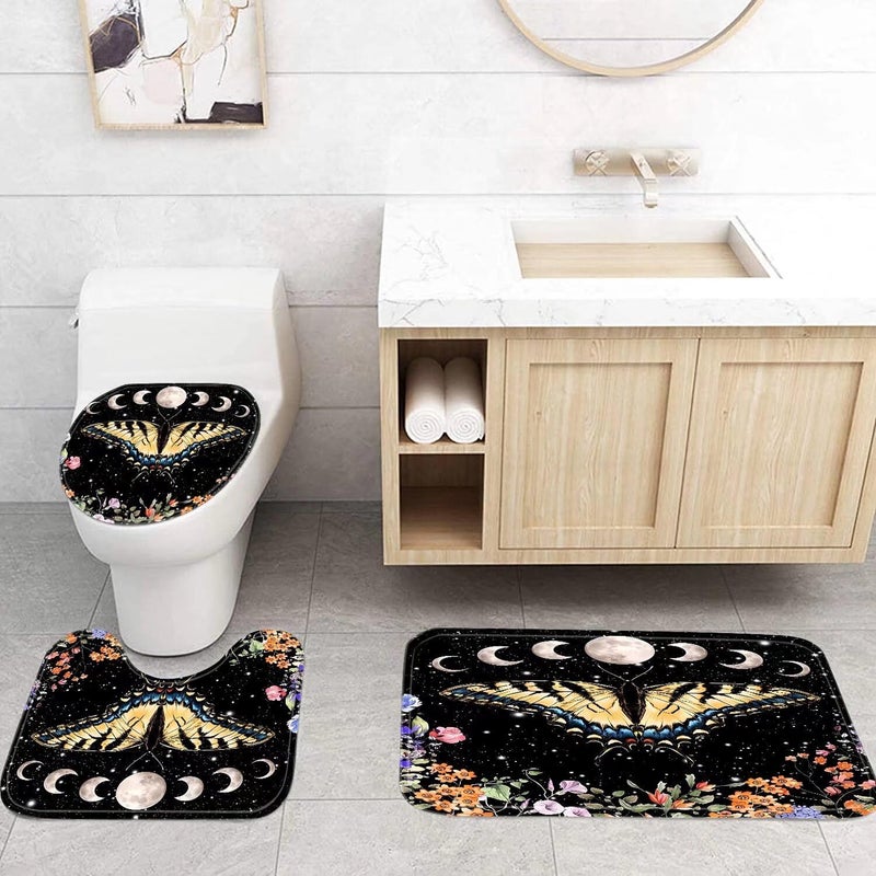 Pretyw 4 Pcs Black Butterfly Moon Shower Curtain Set Vintage Aesthetic Gothic Bathroom Set with Floral Plants Bathroom Set with Hook Toilet Lid Cover and Bath Mat - Image 2