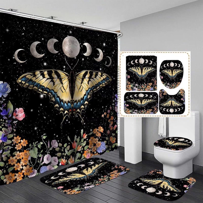 Pretyw 4 Pcs Black Butterfly Moon Shower Curtain Set Vintage Aesthetic Gothic Bathroom Set with Floral Plants Bathroom Set with Hook Toilet Lid Cover and Bath Mat - Image 1