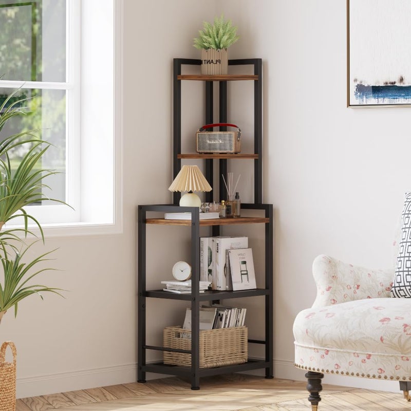 LINGMI Plant Stand, Corner Shelf Stand, 5-Tier Corner Bookshelf, Tall Standing Storage Shelf Organizer with Metal Frame & Wood Shelves, Plant Stand Indoor for Home Decor, Bedroom, Living Room, Office - Image 3