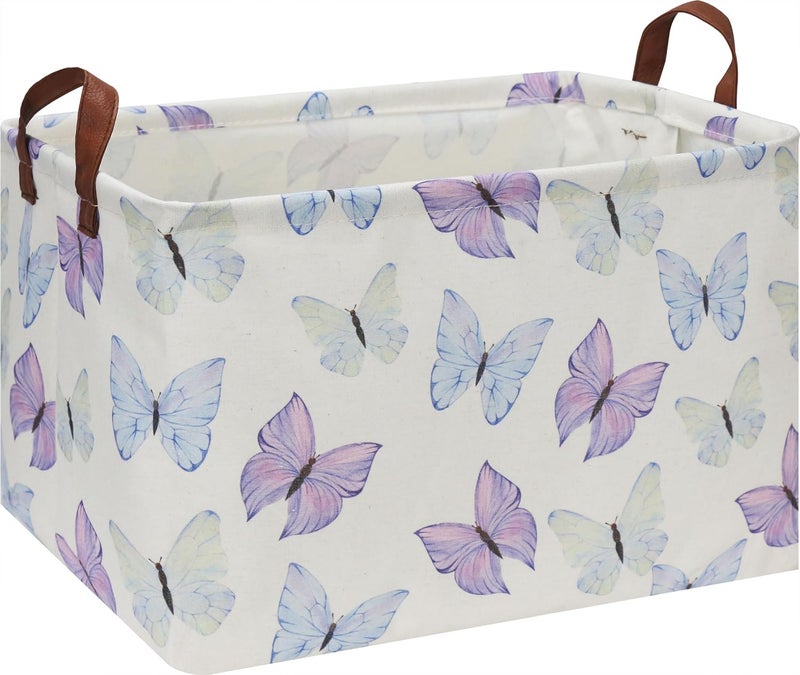 HKEC Rectangle Storage Basket with Handles, Collapsible Toys Bin, Books Box,Gift Basket(Blue & Purple Butterfly) - Image 1