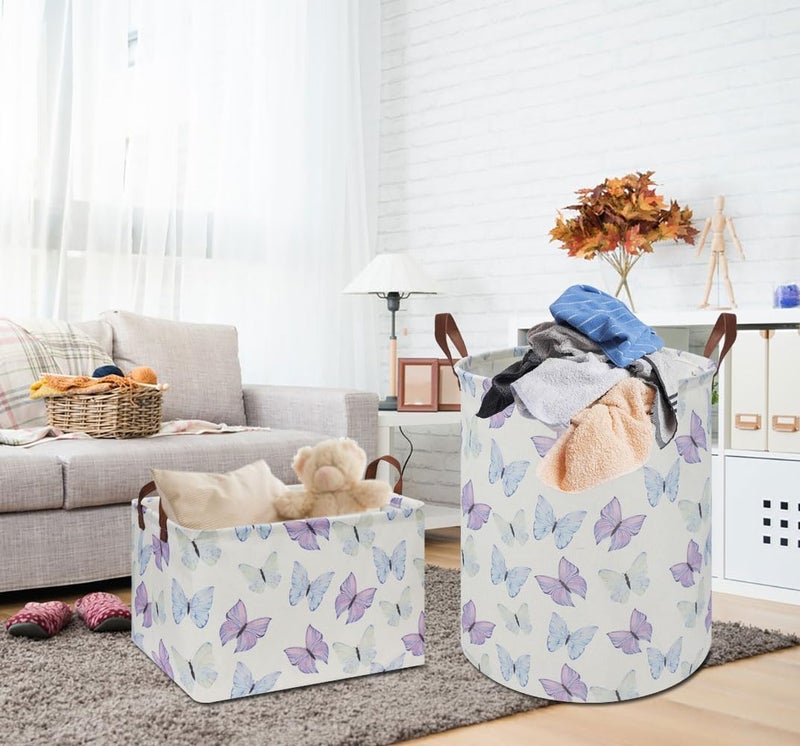 HKEC Rectangle Storage Basket with Handles, Collapsible Toys Bin, Books Box,Gift Basket(Blue & Purple Butterfly) - Image 2