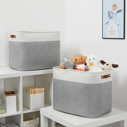 DULLEMELO Extra Large Storage Baskets, Fabric Storage Bins for Organizing Shelves Nursery Toys Books, Closet Baskets and Bins with Handles, White&Grey, 2-Pack - Image 4