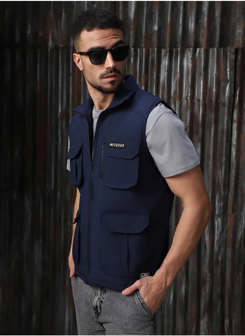 HIGH STAR Men's Navy 100% Polyester Printed Regular Fit Jacket