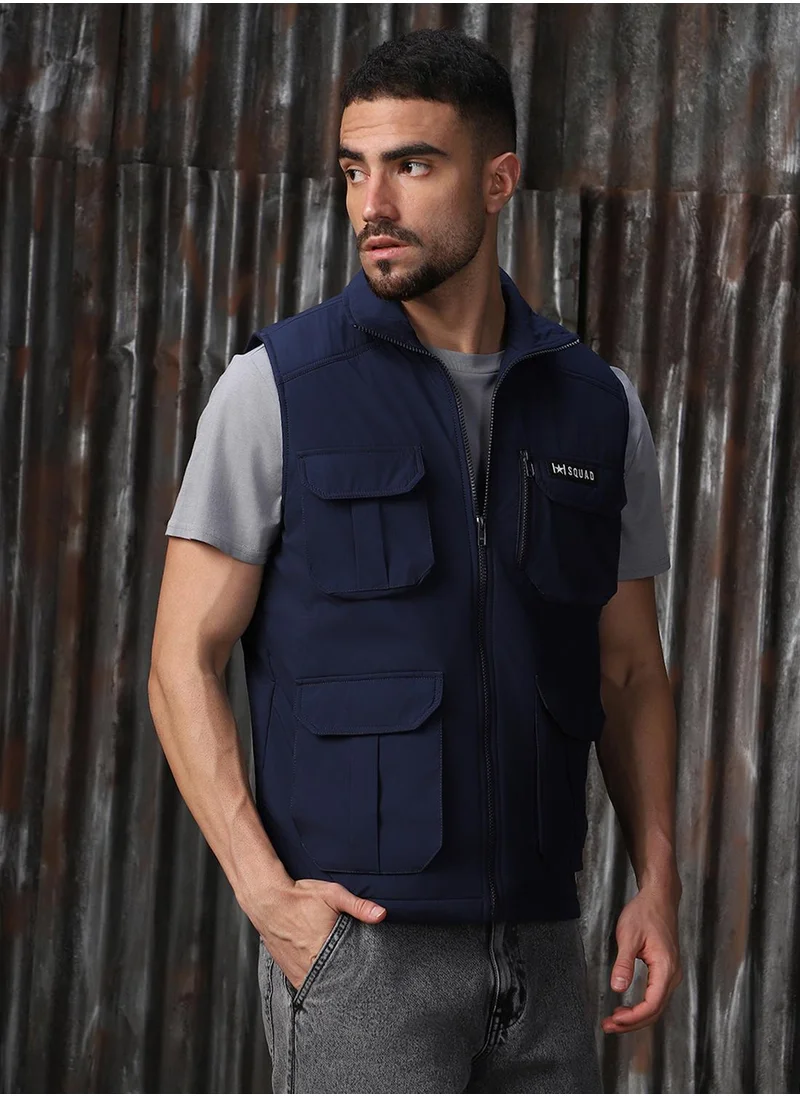 HIGH STAR Men's Navy 100% Polyester Printed Regular Fit Jacket