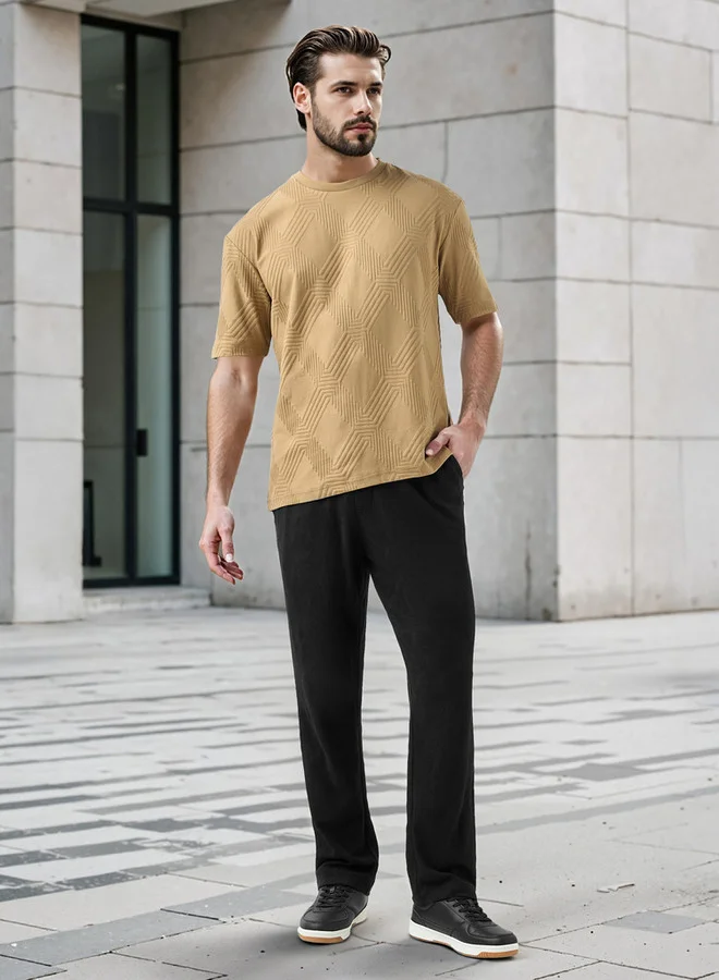 Iconic Iconic Regular Fit Textured Pants with Elasticated Waistband and Pockets