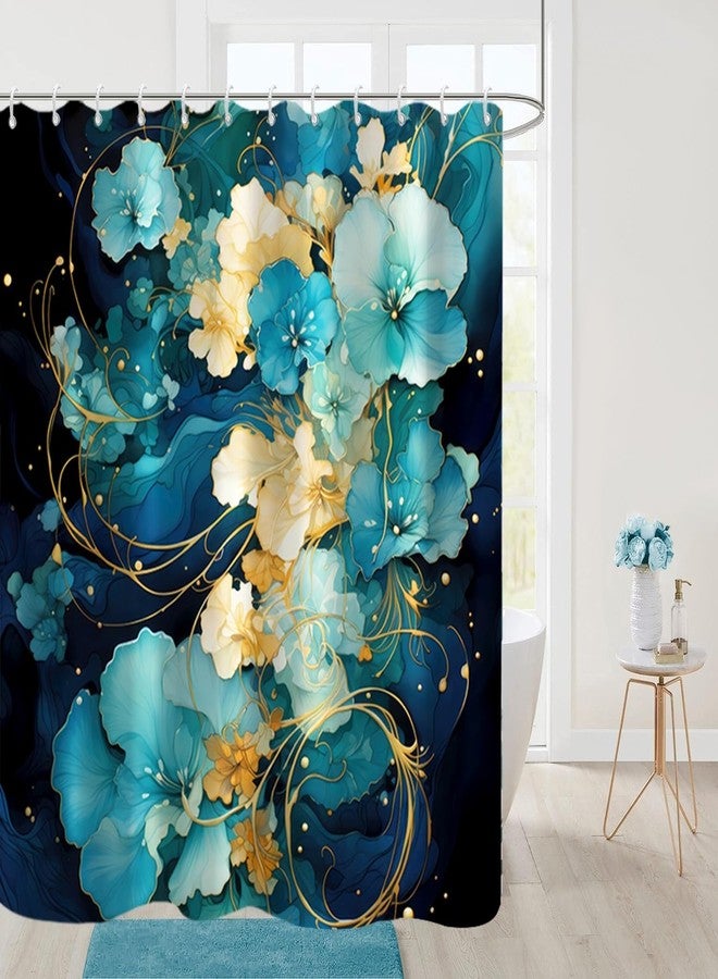 Uiiooazy Blue Shower Curtain for Bathroom Teal Blue Yellow Flowers Shower Curtain Set with Hooks Abstract Navy Blue Black Bathtub Decor Waterproof Fabric Curtains 72x72inches - Image 1