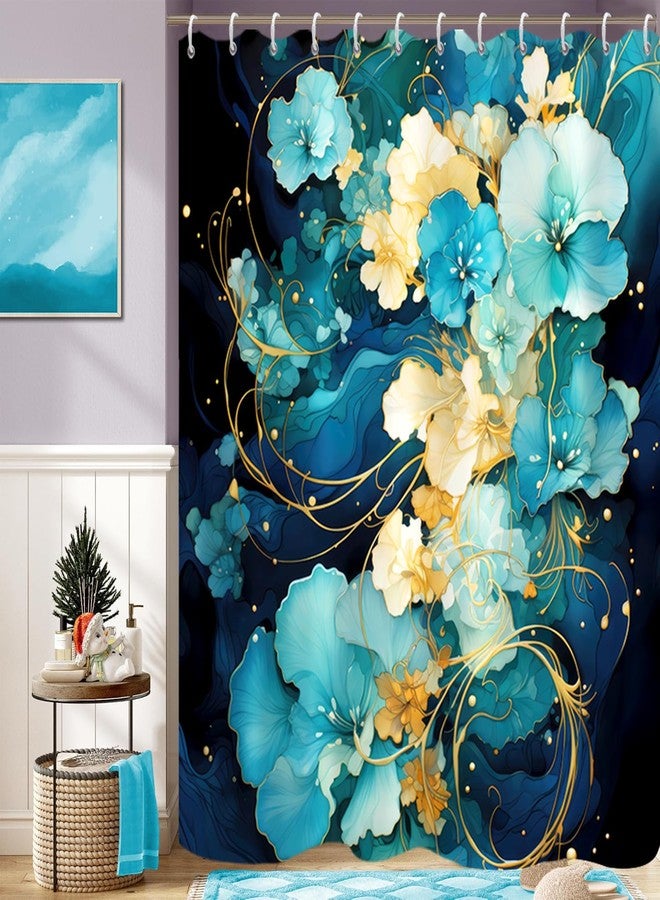 Uiiooazy Blue Shower Curtain for Bathroom Teal Blue Yellow Flowers Shower Curtain Set with Hooks Abstract Navy Blue Black Bathtub Decor Waterproof Fabric Curtains 72x72inches - Image 2
