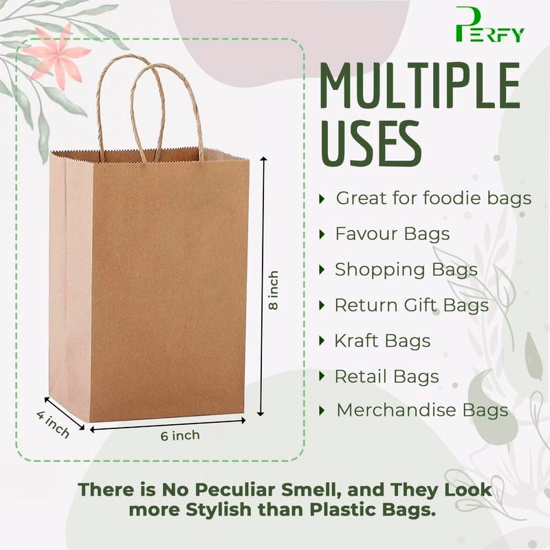 Perfy Paper Bags 6x4x8 Inchs Shopping Bags, Gift Bags|Disposable Bag| Retail Bags, Recycled Bulk, Brown Paper Bags with Handles (Pack of 50) - Image 4