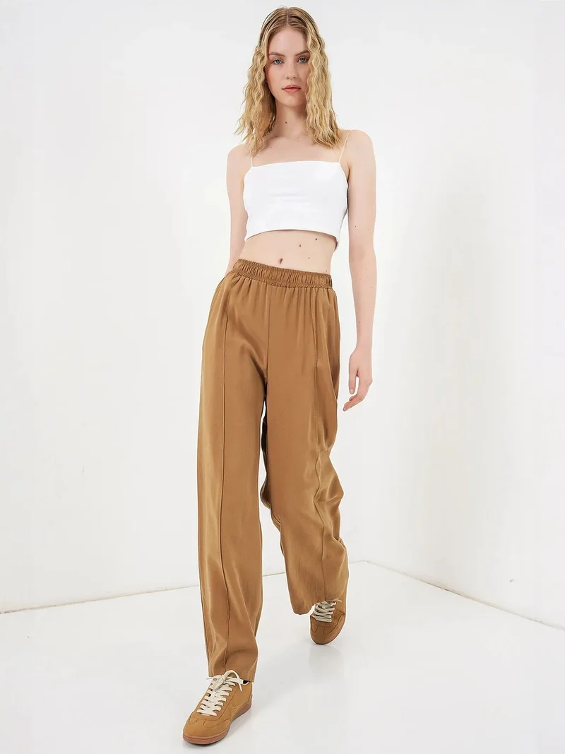 Big Dart Tan Natural BDART Wide Leg Trousers with Elastic Waist for Women | Best Price UAE
