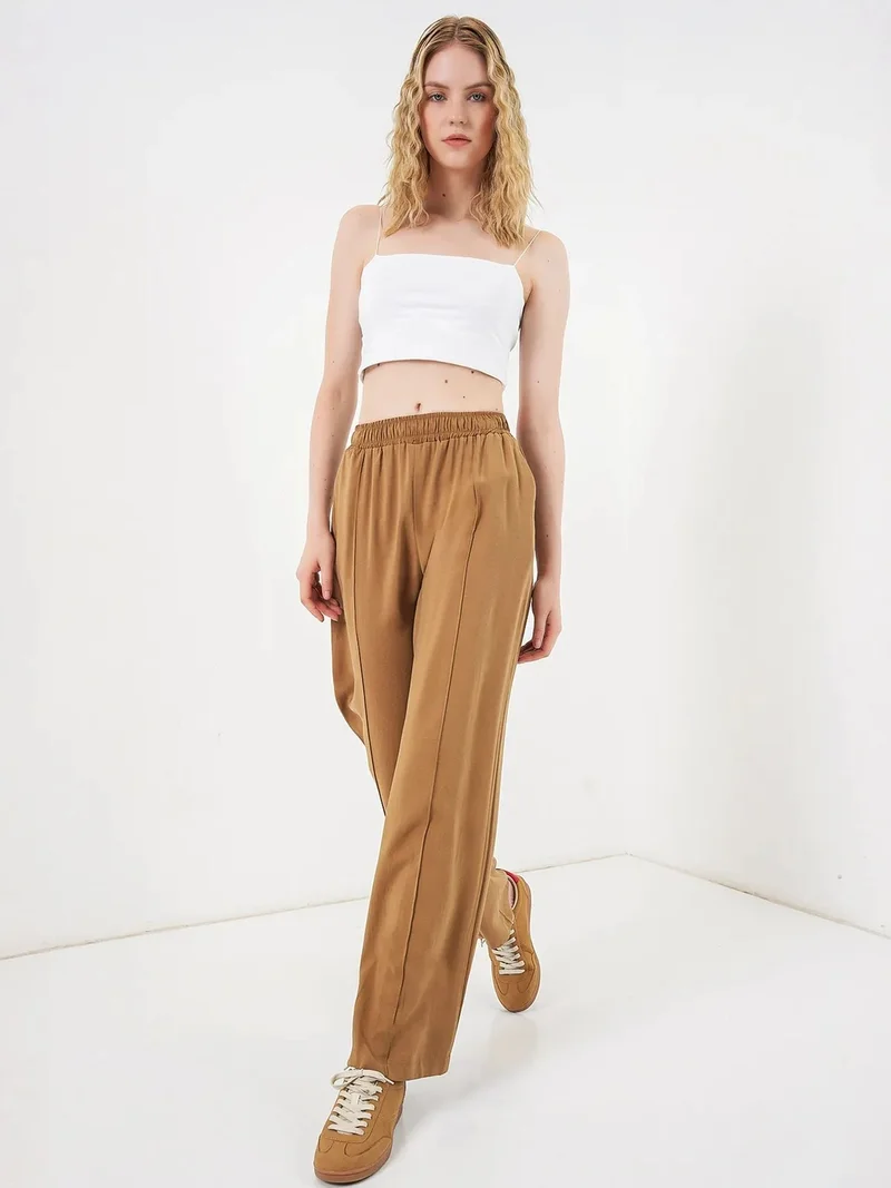 Big Dart Tan Natural BDART Wide Leg Trousers with Elastic Waist for Women | Best Price UAE