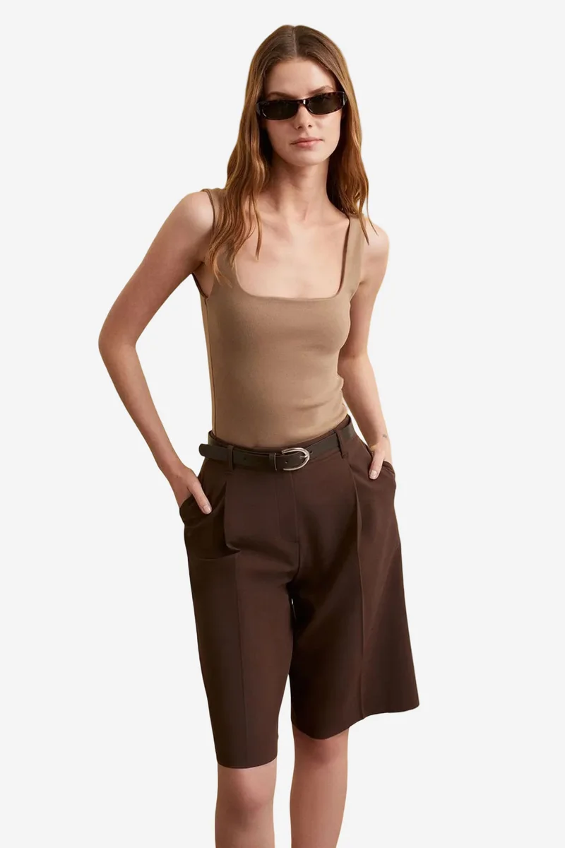 Dilvin Coffee Brown DILVIN High-Waist Wide-Leg Tailored Shorts for Women | Best Price UAE