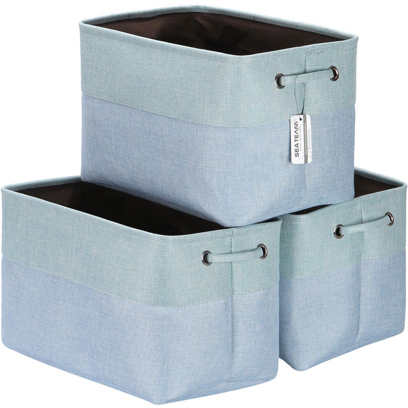 Sea Team 3-Pack Large Storage Basket Set, Trunk Organizer, Clothes Toys Bin, 15 x 10 x 10 Inches, Big Rectangular Canvas Fabric Collapsible Shelf Box with Handles for Kids Room (Babyblue/Mint) - Image 1