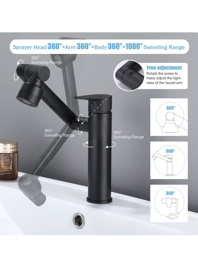 Y&D 1080 Degree Swivel Faucet for Bathroom Sink, Matte Black Kitchen with Big Angle Rotate Spray Dual Function, Single Handle Vanity Deck Plate, Lavatory  - Image 5
