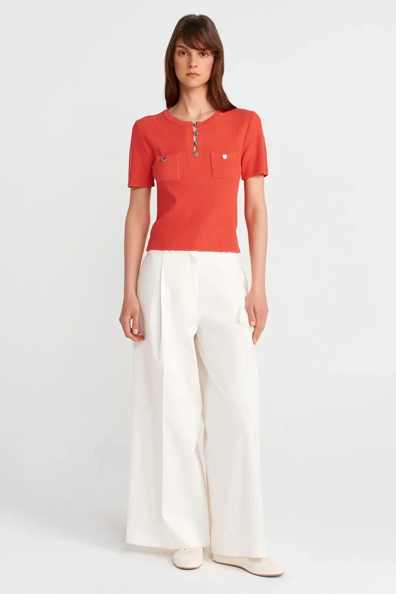 Dilvin Bright Orange DILVIN Ribbed Knit Button-Detail Blouse for Women | Best Price UAE