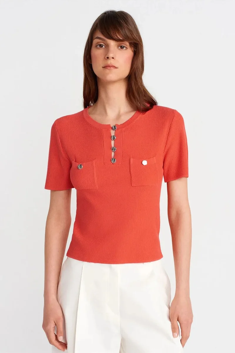 DILVIN Ribbed Knit Button-Detail Blouse