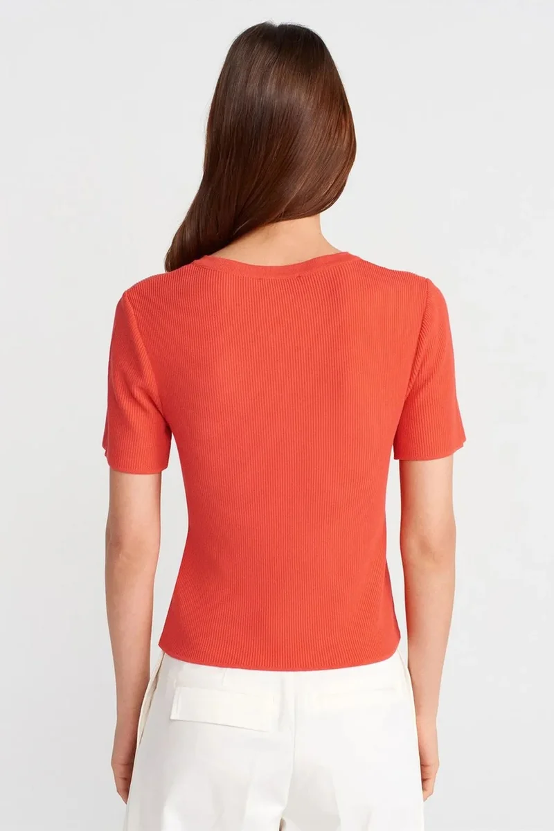 Dilvin Bright Orange DILVIN Ribbed Knit Button-Detail Blouse for Women | Best Price UAE