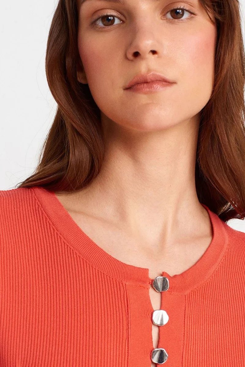 Dilvin Bright Orange DILVIN Ribbed Knit Button-Detail Blouse for Women | Best Price UAE