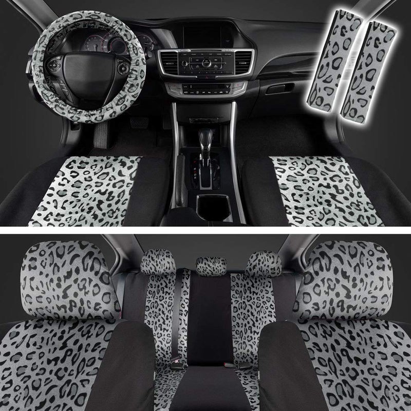 carXS Leopard Print Car Seat Covers Full Set Includes Matching Seat Belt Pads and Steering Wheel Cover TwoTone Cheetah Print Gray Seat Covers for Cars for Women Car Seat Protector Interior Covers