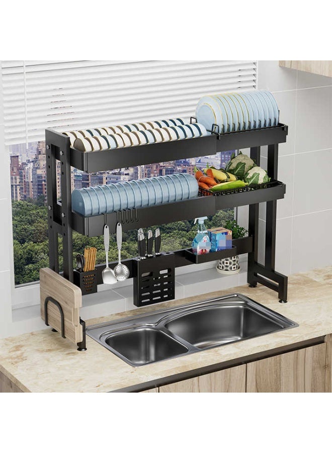 جيكو رفوف أطباق جيكو فوق الحوض، رف لتجفيف الأطباق، طول قابل للتعديل من 64 سم إلى 100 سم، مصفاة أطباق متينة لتنظيم وتخزين طاولة المطبخ، لوح تقطيع، خطافات (3 طبقات) - Image 1
