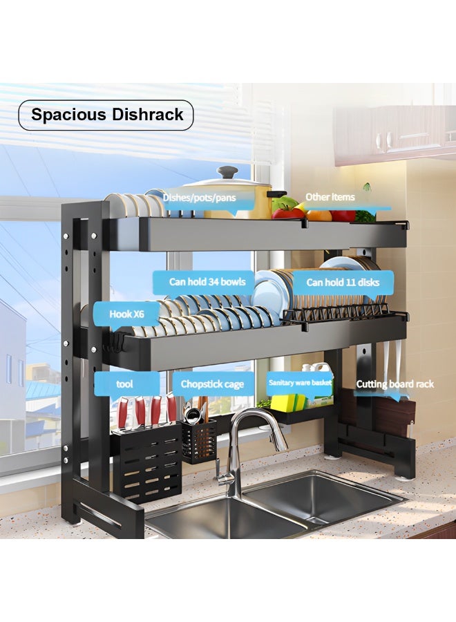 جيكو رفوف أطباق جيكو فوق الحوض، رف لتجفيف الأطباق، طول قابل للتعديل من 64 سم إلى 100 سم، مصفاة أطباق متينة لتنظيم وتخزين طاولة المطبخ، لوح تقطيع، خطافات (3 طبقات) - Image 2