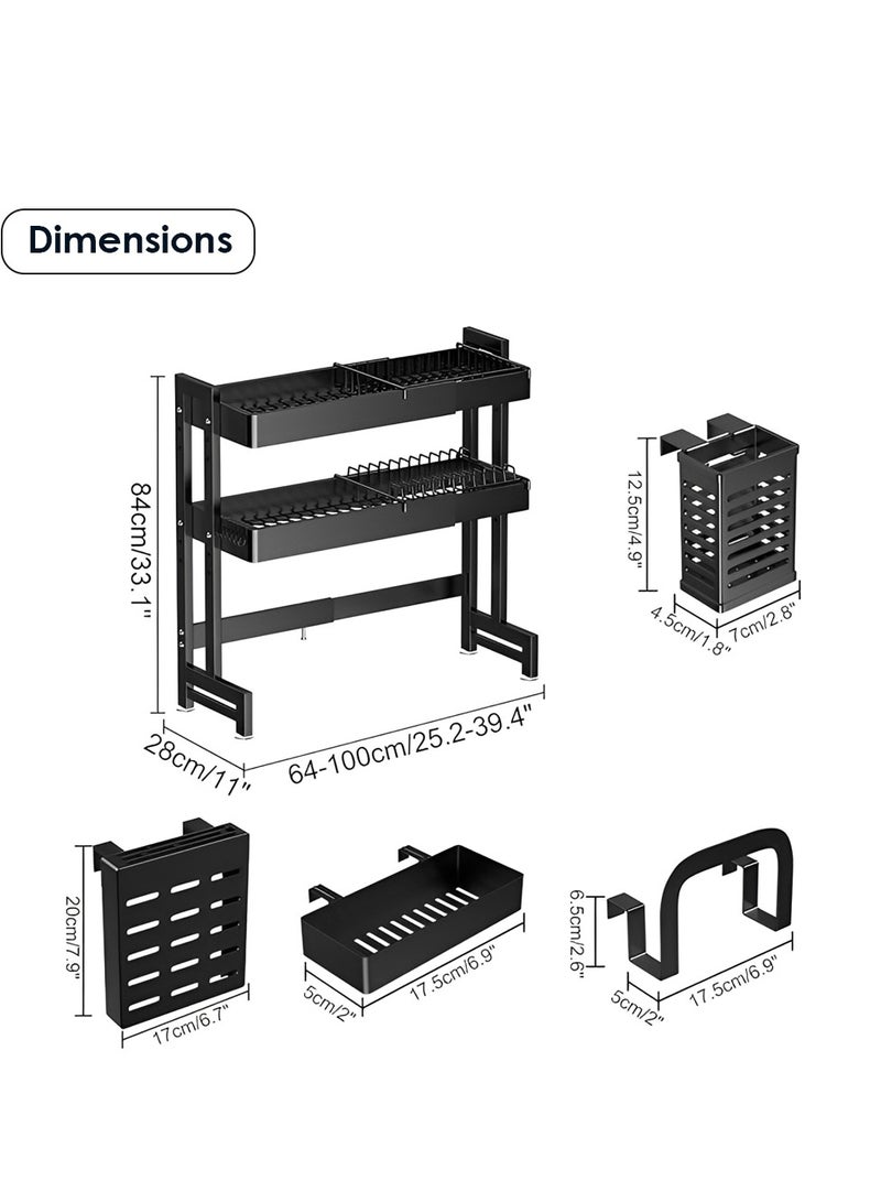 جيكو رفوف أطباق جيكو فوق الحوض، رف لتجفيف الأطباق، طول قابل للتعديل من 64 سم إلى 100 سم، مصفاة أطباق متينة لتنظيم وتخزين طاولة المطبخ، لوح تقطيع، خطافات (3 طبقات) - Image 5