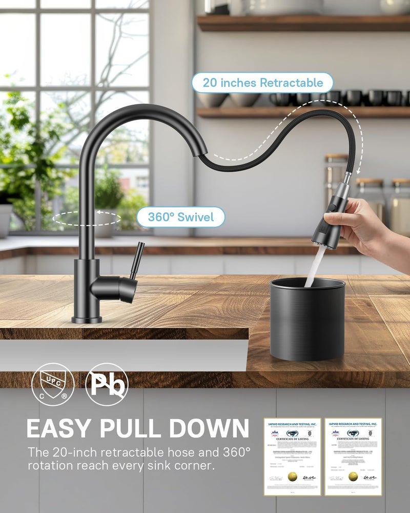 WEWE Kitchen Faucets with Pull Down Sprayer, Stainless Steel Single Handle 1 Hole for Family Kitchen Commercial Camper Laundry Rv Bar, Matte Gray - Image 3