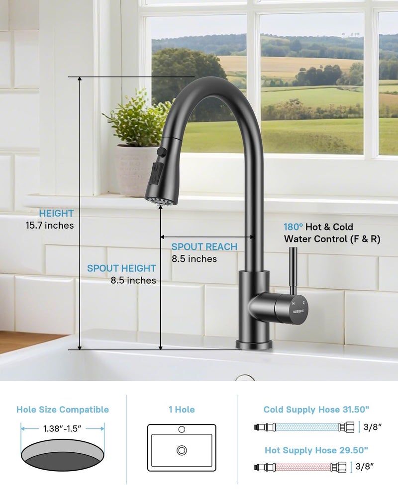 WEWE Kitchen Faucets with Pull Down Sprayer, Stainless Steel Single Handle 1 Hole for Family Kitchen Commercial Camper Laundry Rv Bar, Matte Gray - Image 2