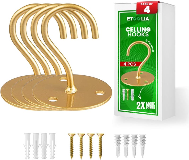 Etoolia Ceiling Hooks for Hanging Plants- 4pcs 2.56 inches Heavy Duty Powder Coated, Gold Hanging Hooks for Bird Feeders, Planters and Wind Chimes - Image 1