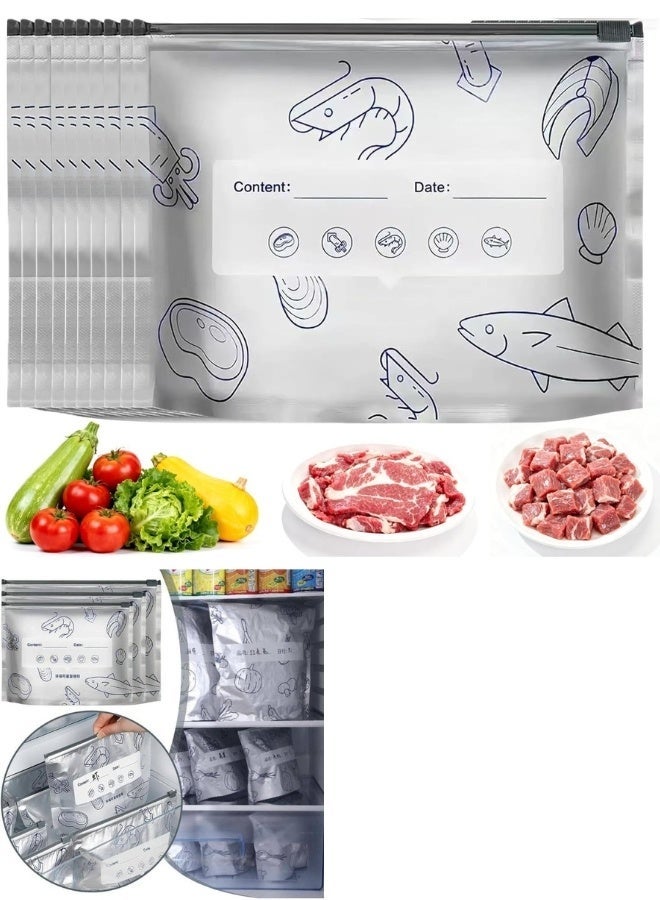 أكياس حفظ الطعام Food Saver من رقائق الألومنيوم القابلة لإعادة الاستخدام 10 قطع – أكياس تخزين محكمة الإغلاق بسحاب مقاوم للتسرب مقاس 23 × 17 سم لحفظ اللحوم والدواجن والمأكولات البحرية والخضروات والفواكه والوجبات الجاهزة، مناسبة للفريزر والثلاجة والمطبخ، عازلة للرطوبة والضوء، متينة وصديقة للبيئة - Image 2