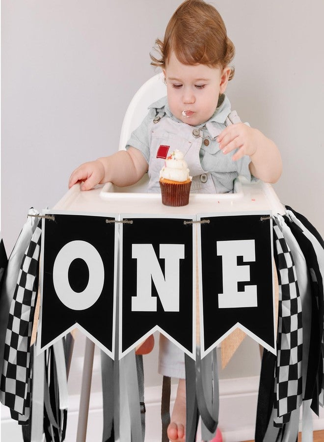 XLIUAX 1st Birthday High Chair Banner, Black White Race Car Birthday Banners, One Highchair Banner Tassel, First Birthdays Photo Prop Boy Racing Theme Decoration - Image 2