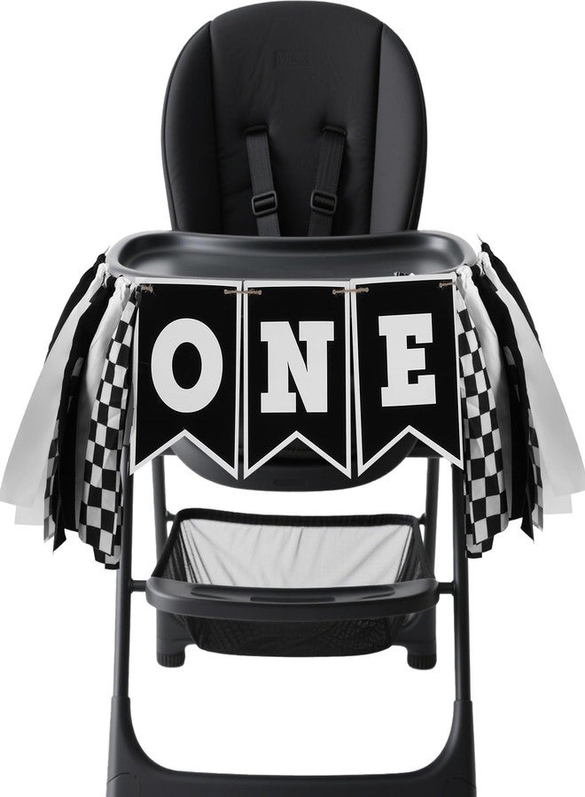 XLIUAX 1st Birthday High Chair Banner, Black White Race Car Birthday Banners, One Highchair Banner Tassel, First Birthdays Photo Prop Boy Racing Theme Decoration - Image 1