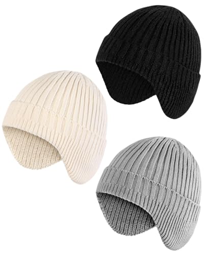 Loiyadn Winter Hats for Kids - Warm Kids Beanie, Toddler Beanie Hat with Ear Flaps, Toddler Girls Winter Hat for 3-8 Years Boys Girls, Black, White, Grey - Image 1