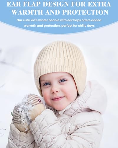 Loiyadn Winter Hats for Kids - Warm Kids Beanie, Toddler Beanie Hat with Ear Flaps, Toddler Girls Winter Hat for 3-8 Years Boys Girls, Black, White, Grey - Image 4