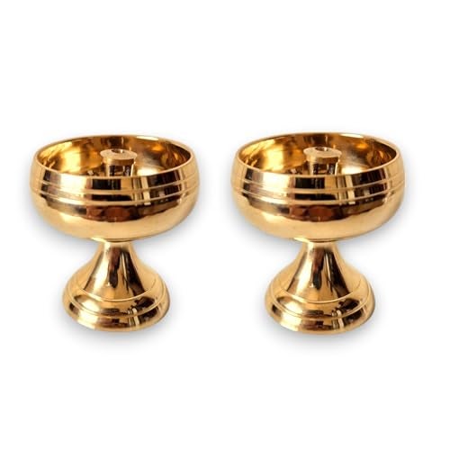 RAISOM Premium Brass Kuber Diya | Nitya Piyali Style Oil Lamp | Ideal for Daily Pooja Use in Home and Office Temple | Pack of 2 Brass Diyas for Pooja | Height : 2 Inch | Weight : 70 Grams Each - Image 1